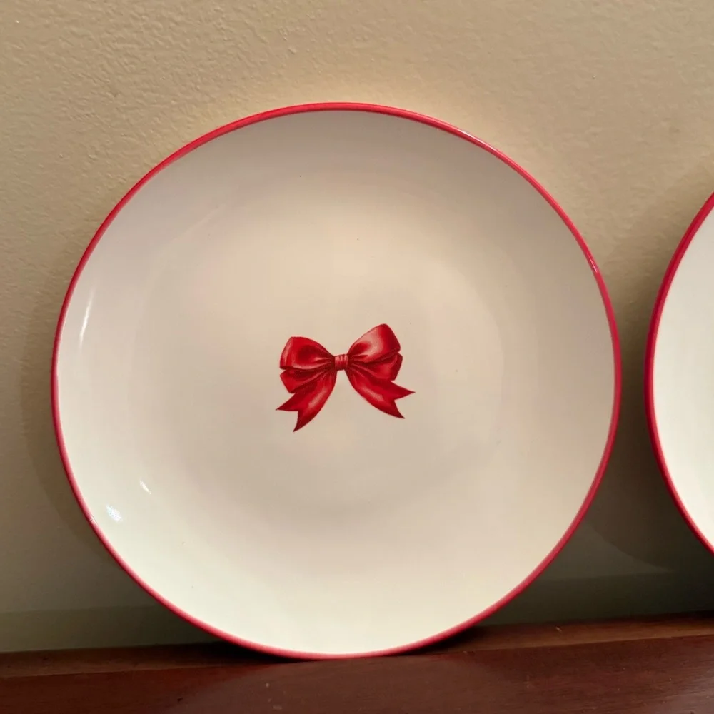 New! Set of 2 Red Bow Ceramic Plates, 6” diameter, by Makery, Valentine’s Day